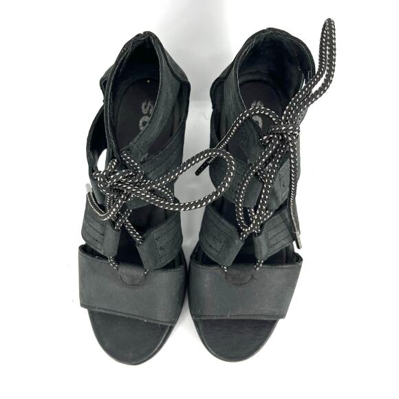 Sorel Women's Black Leather Joanie II 2 Lace up Wedge Open Toe Sandal 36.5 / 5.5 - Picture 4 of 9